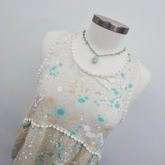 NWT Womens Babydoll Tank Top S Beige Paint Splatter Print Sleeveless Pom Trim - Picture 3 of 13